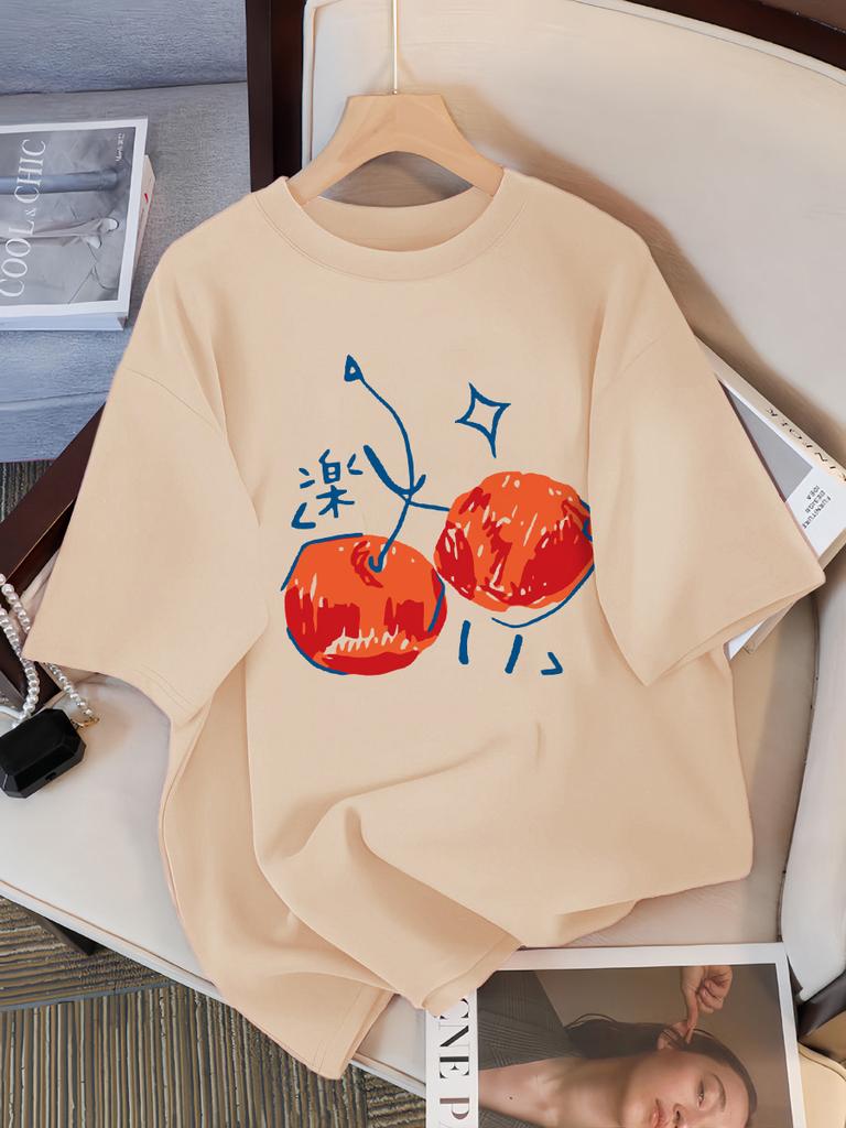 Cherry Illustration Prints Women T-Shirt Casual Sport Short Sleeve Breathable Summer T Shirt Cotton Street New Clothing