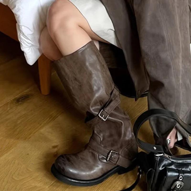 Mid Calf Women's Boots Flats Designer Knee High Leather Shoes  Winter Goth Trend Motorcycle Boots New Retro Mujer De Botas