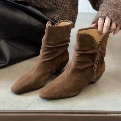 Sheepskin Version~ Niche Square Head Fringed Handmade String Wood Grain Tapered Heel Western Cowboy Boots Short Boots Women's Stacking Boots