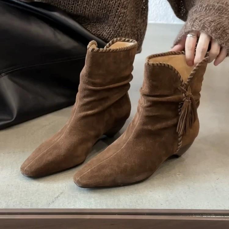 Sheepskin version~ niche square head fringed handmade string wood grain tapered heel western cowboy boots short boots women's stacking boots