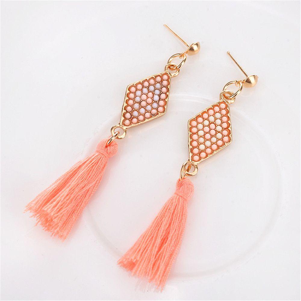 

Gifts Rice Beads Vintage Women Inlaid Rhombic Dangle Earring Tassel