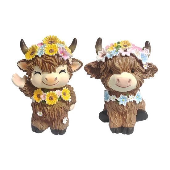 2 Pcs Highland Cow Figurine with Flowers Small Resin Highland Cow Statue Spring Farmhouse Scottish Cattle Sculpture for Home Tiered Tray Table Decor