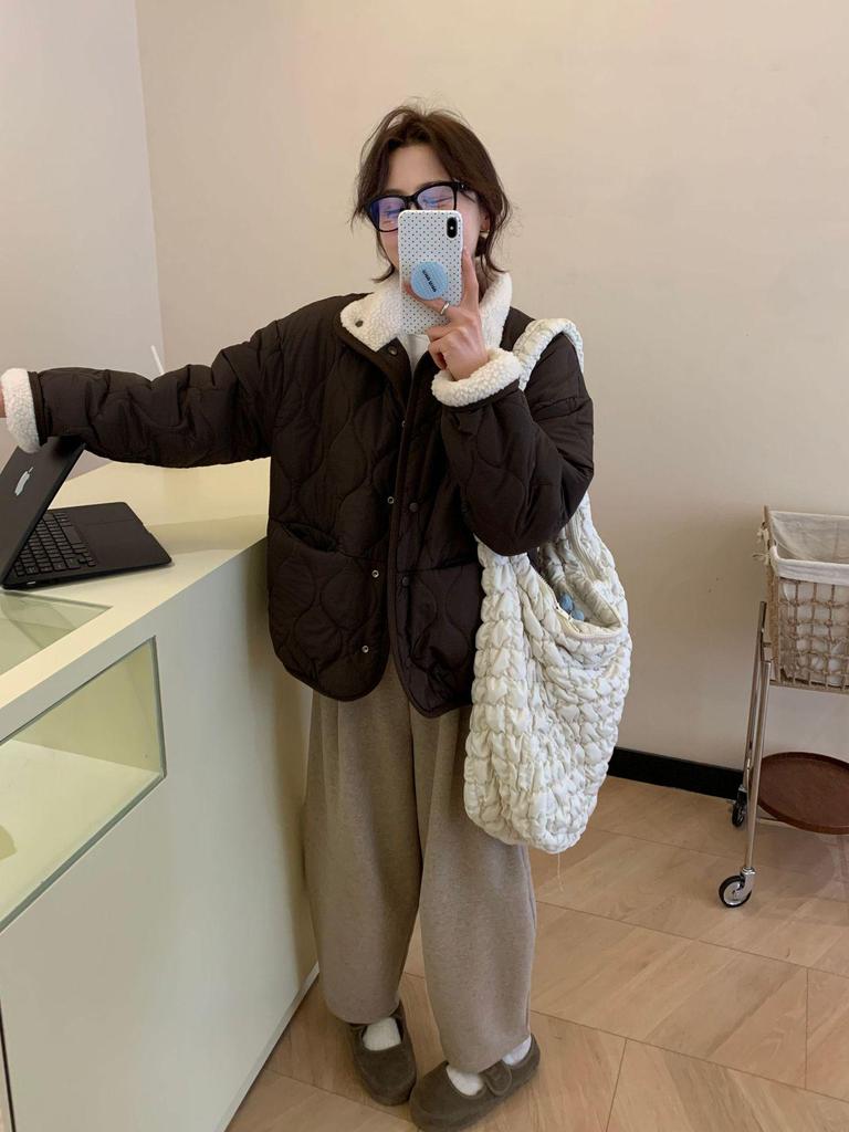 Damen Wendbare Lammwolljacke - Koreanischer Colorblock, Warm, Stehkragen, Winter, Lockere Passform