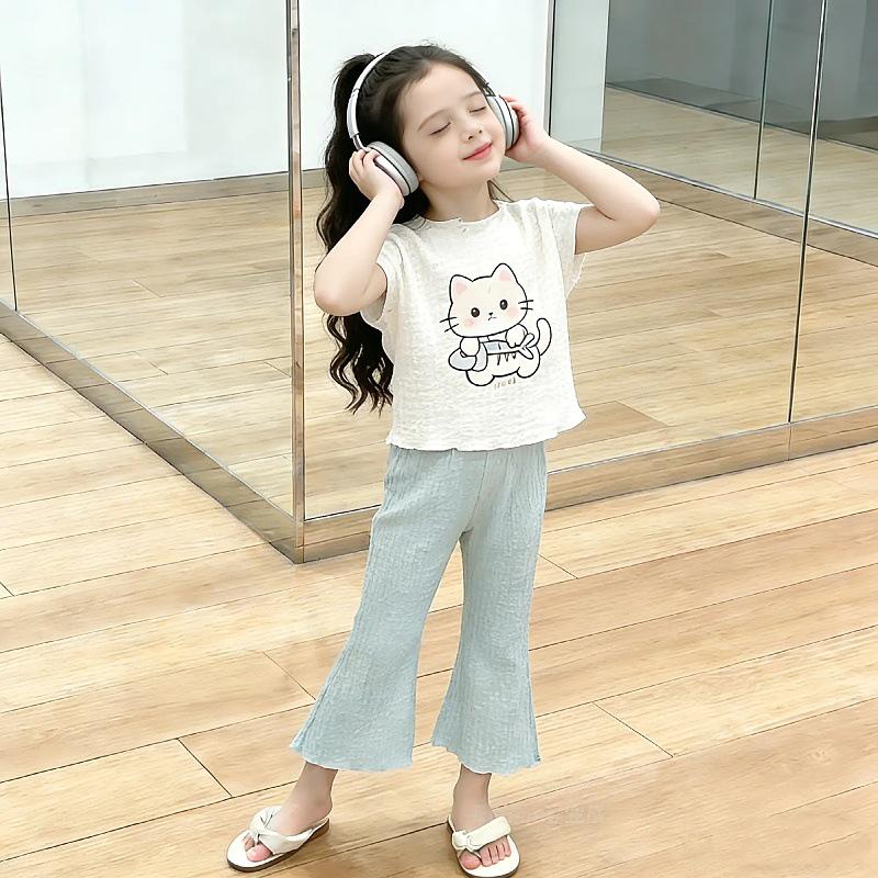 2025 Summer Girls' Bunny & Cat Print Bell Bottom Two-Piece Set