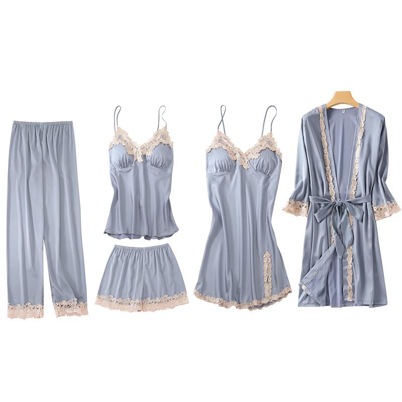 Women's Sexy Spring & Autumn Silk Pajamas 5-Piece Set: Thin Summer Ice Silk Nightdress & Robe with Chest Pad.