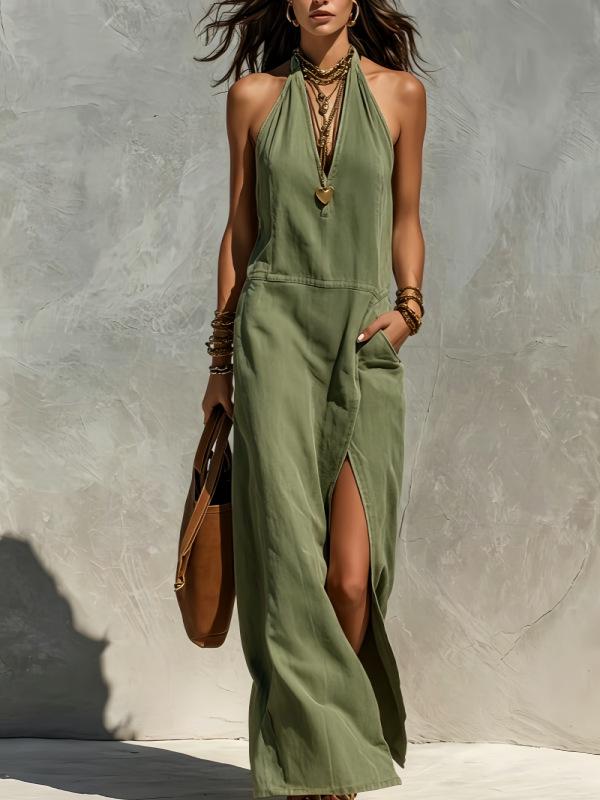 New European and American V-neck split-ended dress for women's summer solid color thin holiday long dress sleeveless neck shirt skirt