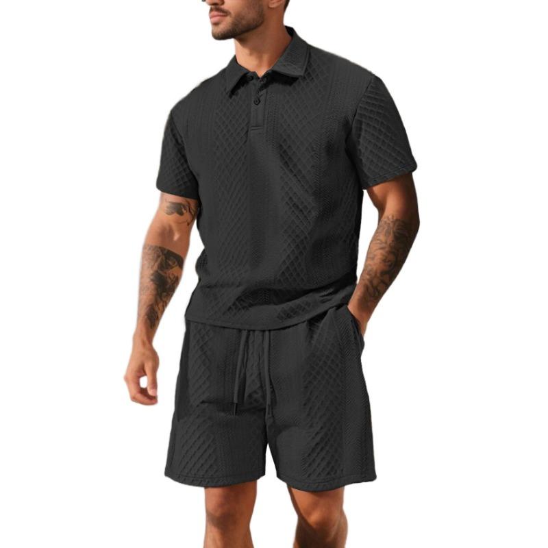 Mens Casual Two Piece Outfit Textured Polo Shirt And Shorts Set