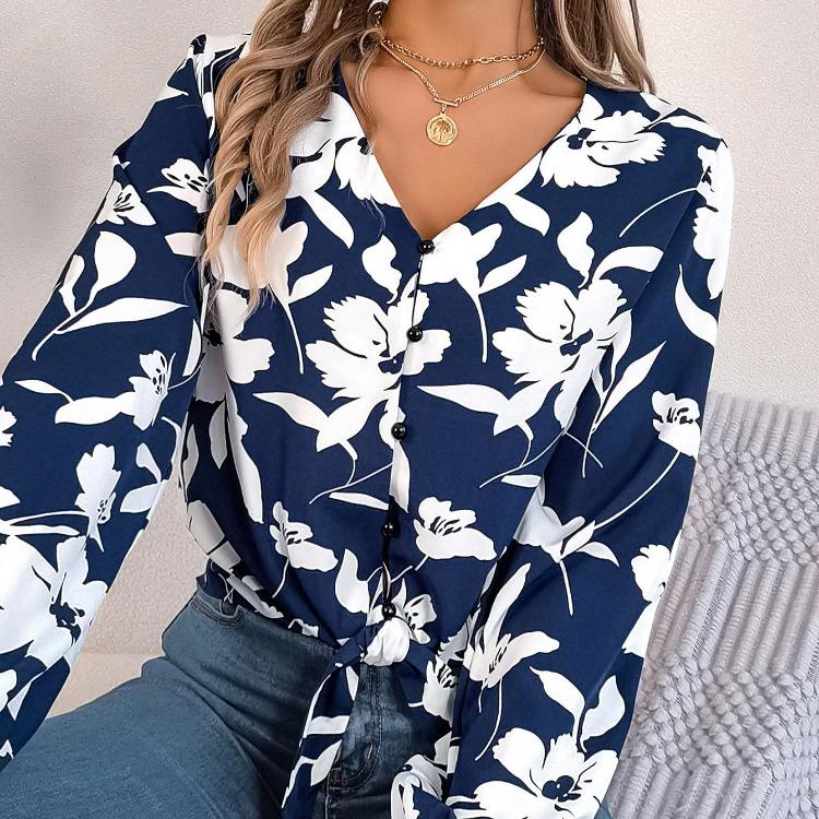 Women V-Neck Long Sleeve Blouse Stylish Print Shirt for Spring Autumn Season
