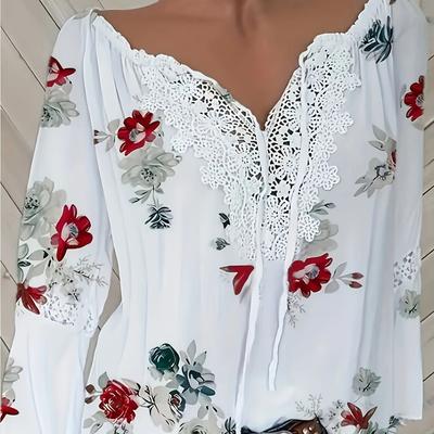 Sommer Neues Bedrucktes V-Ausschnitt Collage Spitze Langarm Damen T-Shirt