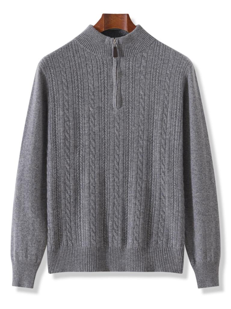 Men's Twisted Wool Sweater, Autumn/Winter, Half-High Neck, Half-Zip, Warm Knit Base Layer