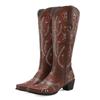Embroidery Western Women Knee High Boots Brown Black PU Square Heels Winter Round Toe Vintage Cowboy Cowgirl Slip-on Long Boots