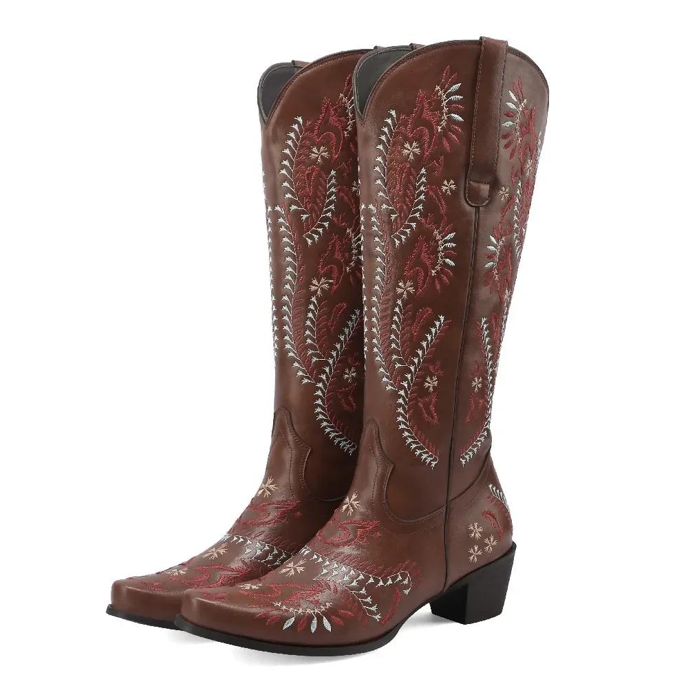 Embroidery Western Women Knee High Boots Brown Black PU Square Heels Winter Round Toe Vintage Cowboy Cowgirl Slip-on Long Boots