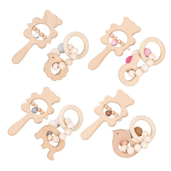 1 Pair Wooden Baby Rattle Toy with Bell Beads Hedgehog Rabbit Elephant Bird Teething Grip Ring Toy Newborn Boys Girls Early Education Rattle