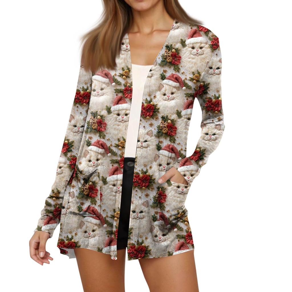 Dámský módní vánoční potisk dlouhý rukáv kapsy slim fit kardigan kabát