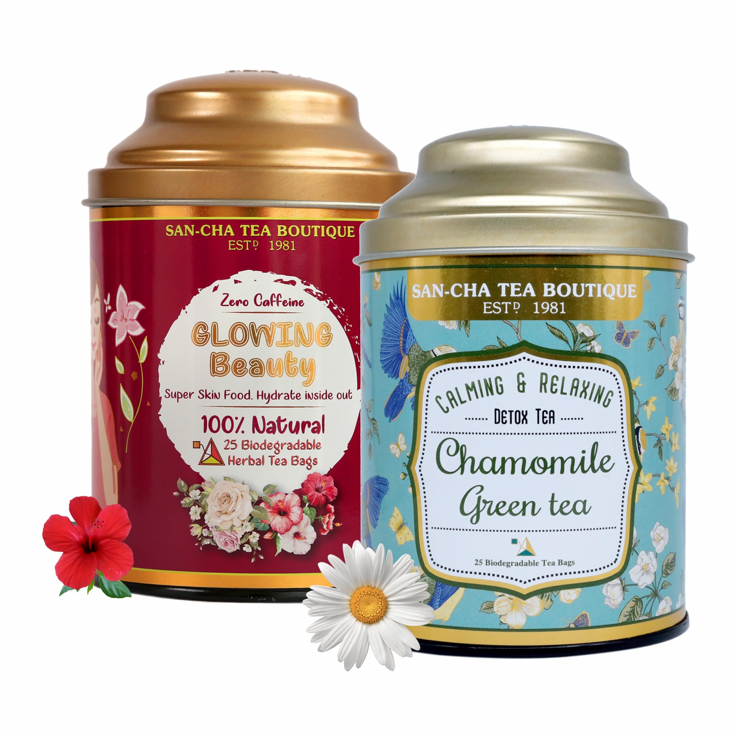 Sancha Tea Boutique, Glowing Beauty Herbal Tea & Chamomile Green Tea, 25 Pyramid Bags × 2, Caffeine Free & Relaxing Wellness Tisanes, Skin G