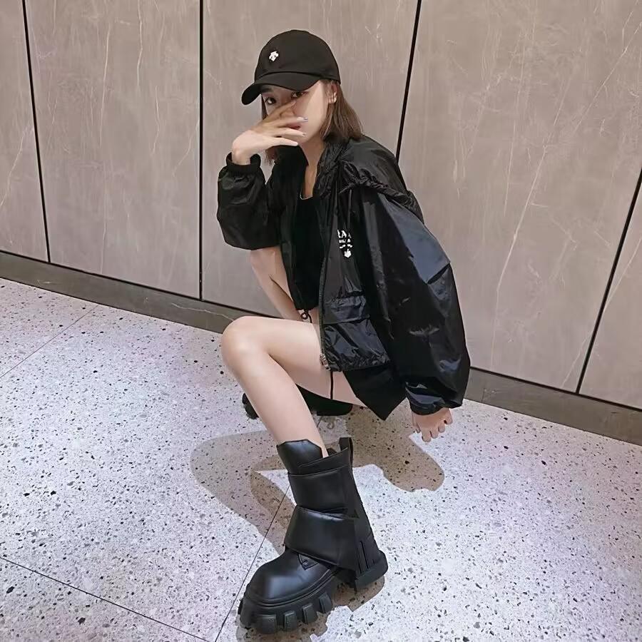 Fashion NEW Women Motorcycle Chunky Platform Boots Luxury Square head Mid-Calf Lace Up Bandage Winter Boots Casual Black Ankle Boots