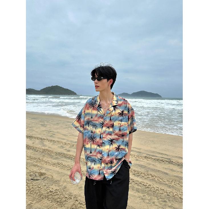 Summer Retro New Cuban Collar Floral Shirt Men's Loose Hong Kong Style Hawaiian Couple Beach Short Sleeve Top