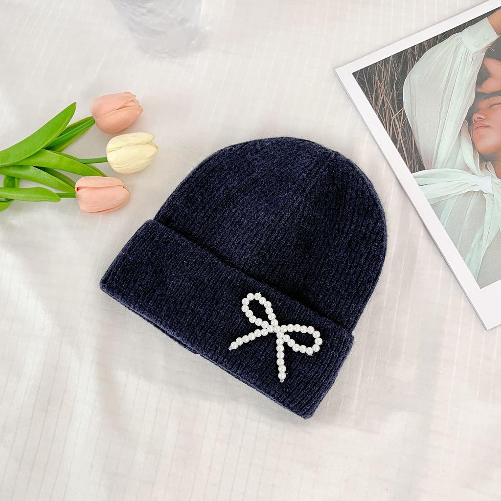 Korean Pearl Bow Wool Hat for Women Plus Velvet Thickened Warm Knitted Hat Letter Labeled Same Style for Men and Women
