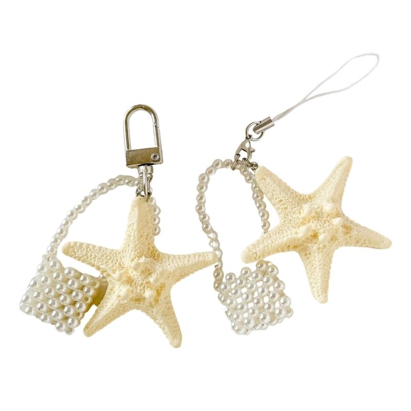 Elegant Starfish Keychain Pearls Accent Portable Purse Accessory