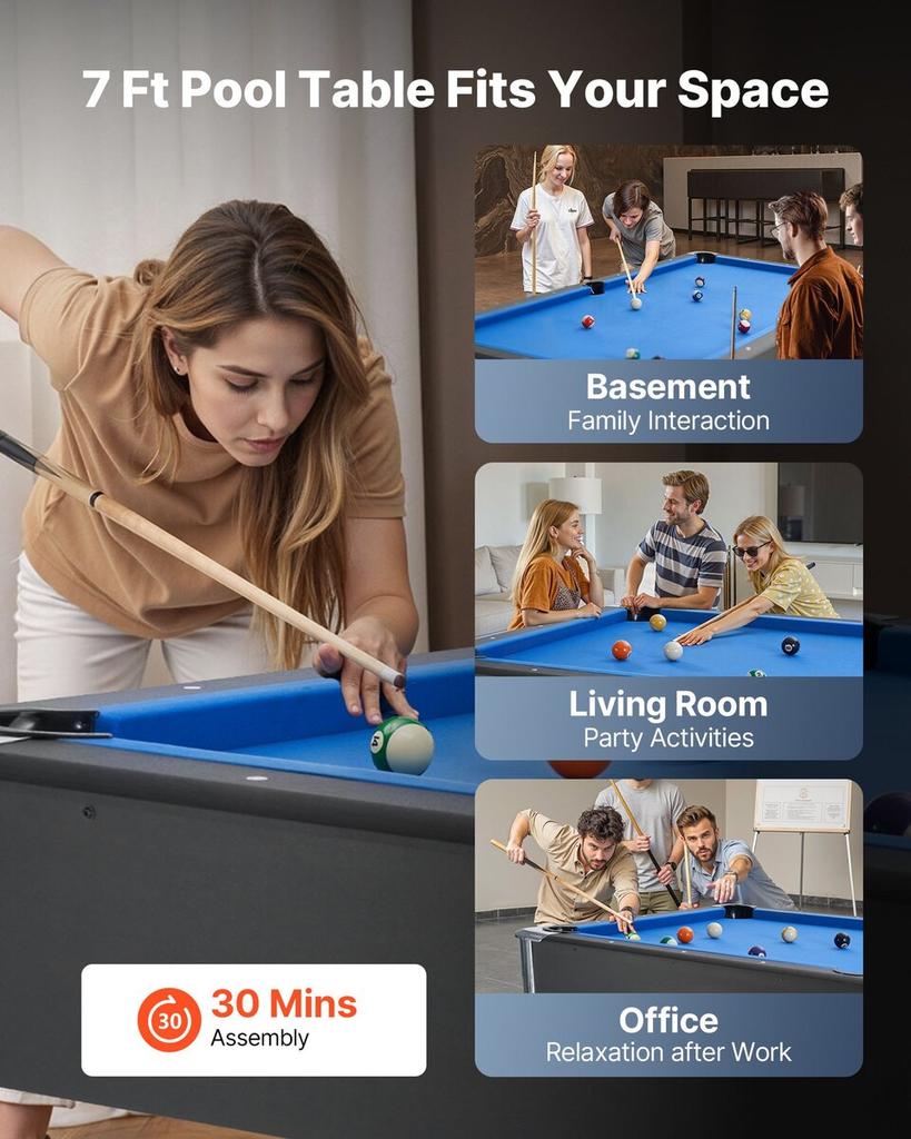 Pool Table, 213cm Portable Billiards Tables, Adjustable Feet Stable Game Table, Entertainment Set Includes Ball, Cue, Rack, Chalk and Brush, Black