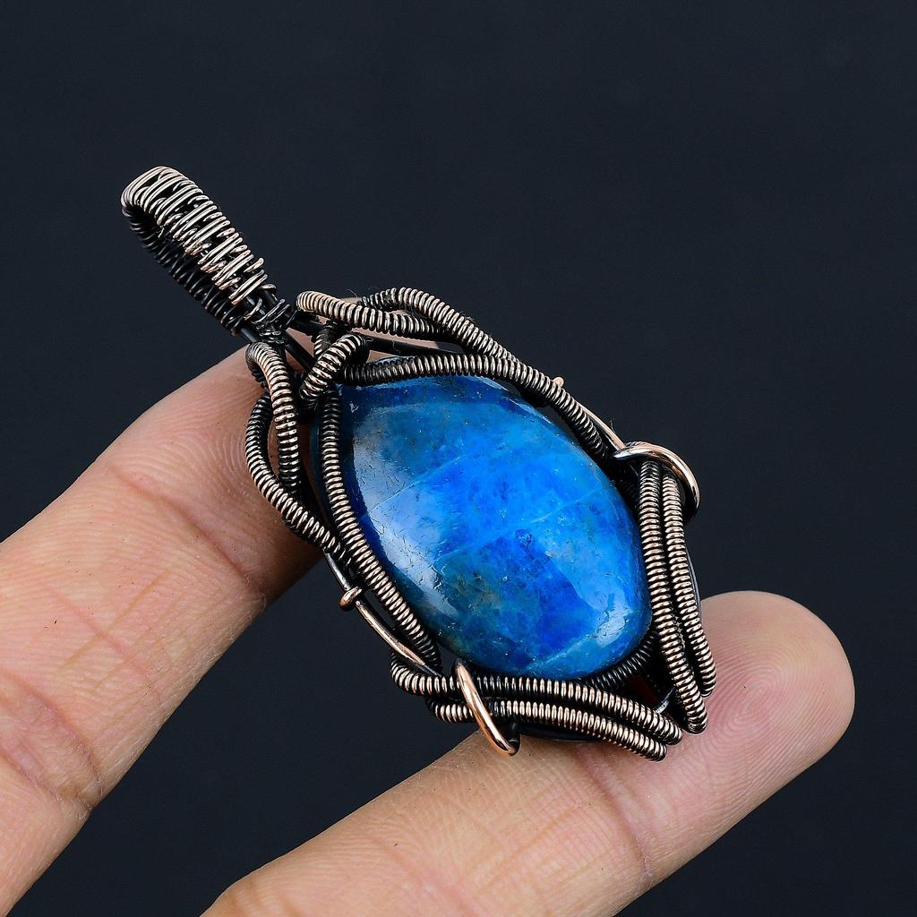 Neon Blue Apatite Gemstone Pendant 999 Copper Wire Wrapped Jewelry, Handmade Antique Pendant Jewelry, Gift For Mother