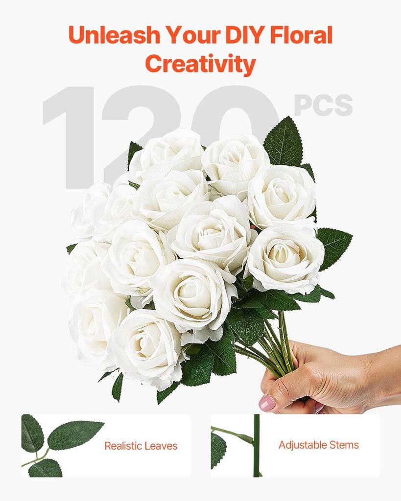120 Pcs White Roses Artificial Flowers Realistic Bouquet Xmas Home Decor