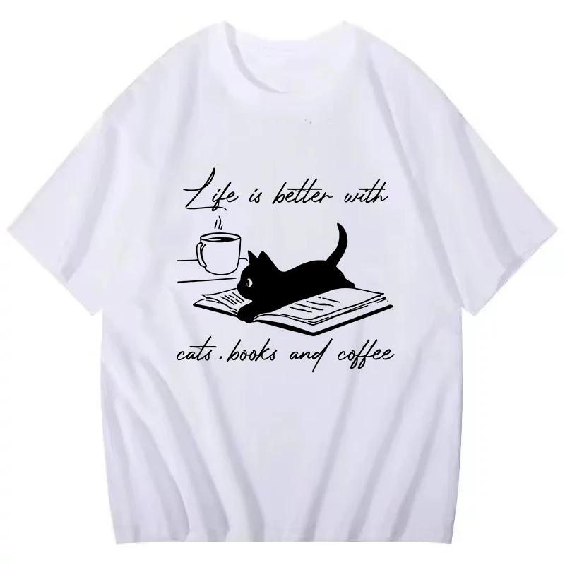 American Retro Trendy TShirt Fashion Women Summer Tees Tops Tshirt Funny Cat and Coffee T Shirt Clothes Graphic Streetwearr YK