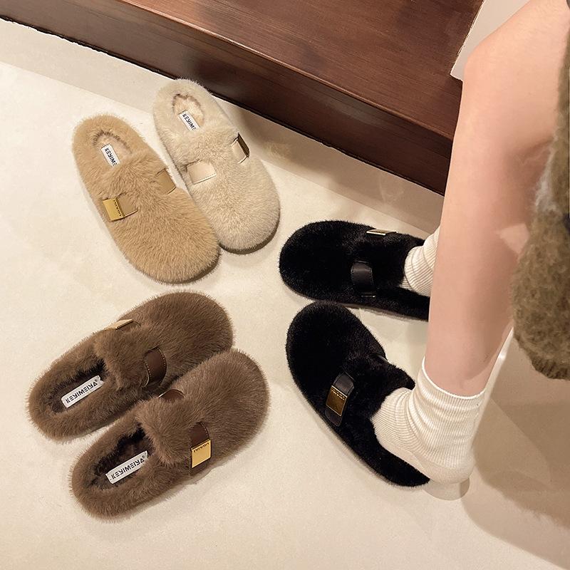 Premium Bag Head Fluffy Slippers Women's Outer Wear 2025 Autumn and Winter New Lazy One-pedal Flat-bottomed Velvet Cotton Slippers