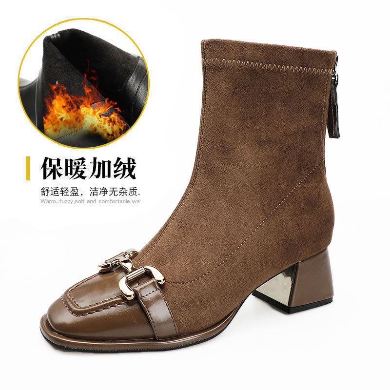 

Женские демисезонные ботильоны, ботильоны с квадратным носком и толстым каблуком, женские ботинки 2025, новые, в стиле ретро, со средней высотой голенища, облегающие 39