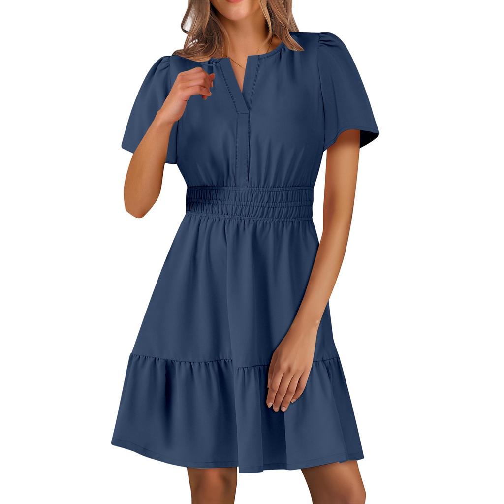 Women's Loose Casual Fashion V-Neck Solid Color New Dress