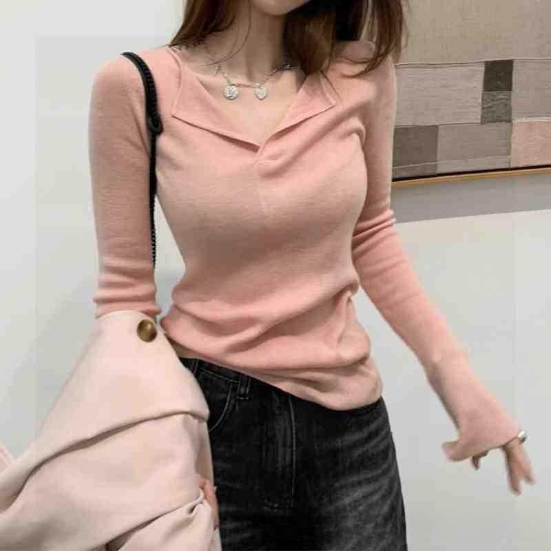 Früher Herbst Französischer Stil Grauer V-Ausschnitt Strickpullover Damen Premium Slim Fit Basisschicht Mode Oberteil