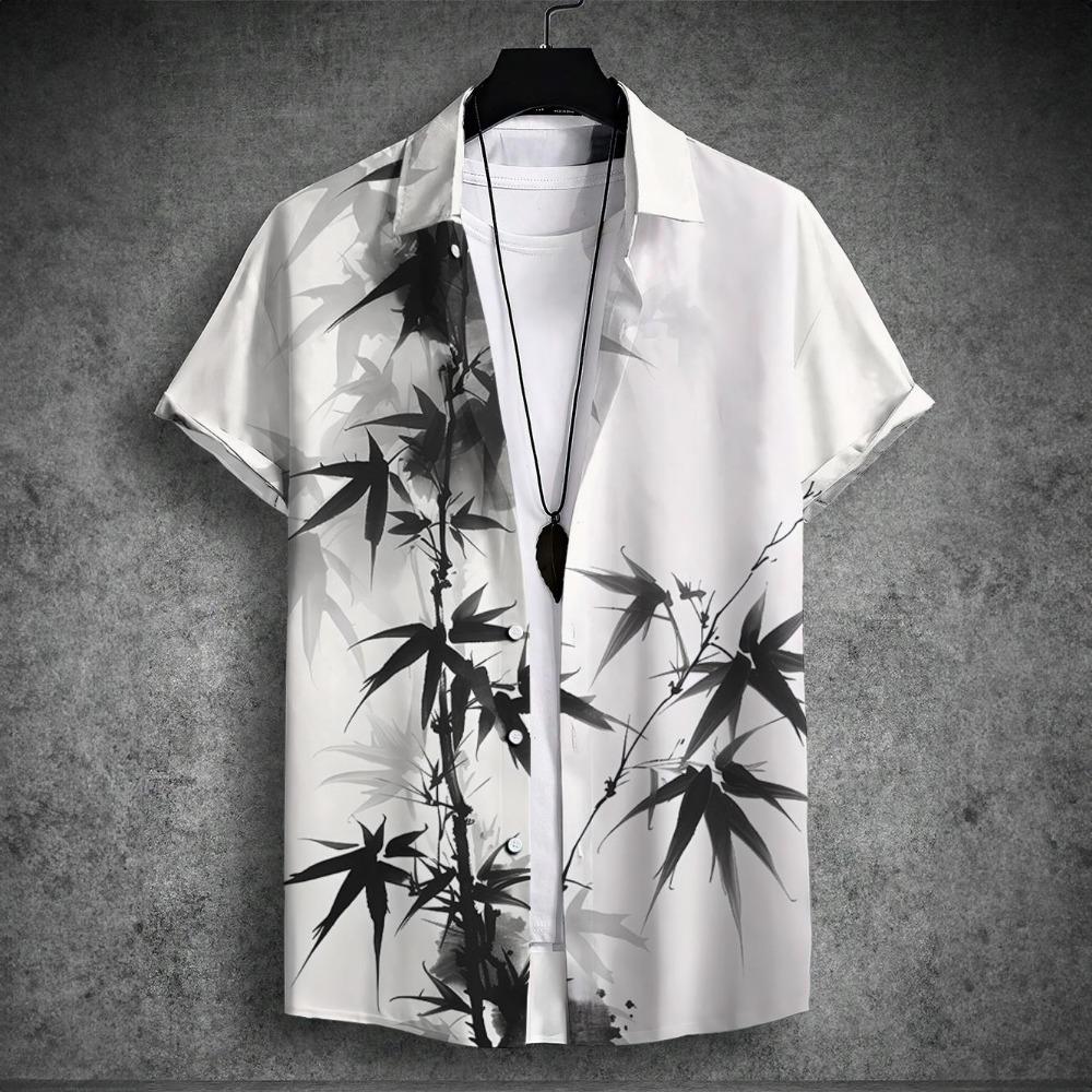 New Men's Short Sleeved Shirt with Chinese Printed Men's Hawaiian Collar Top, Plus Size Casual and Comfortable Men's Shirt