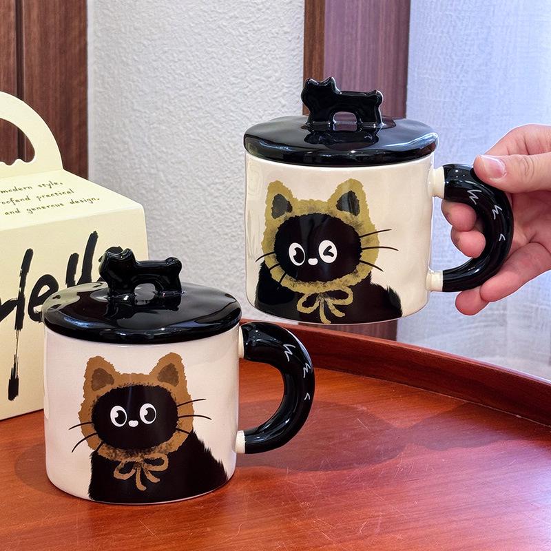 Ceramic Cat Mug with Lid - Cute Office Cup, Couple Gift, Souvenir Boxed, Birthday Present