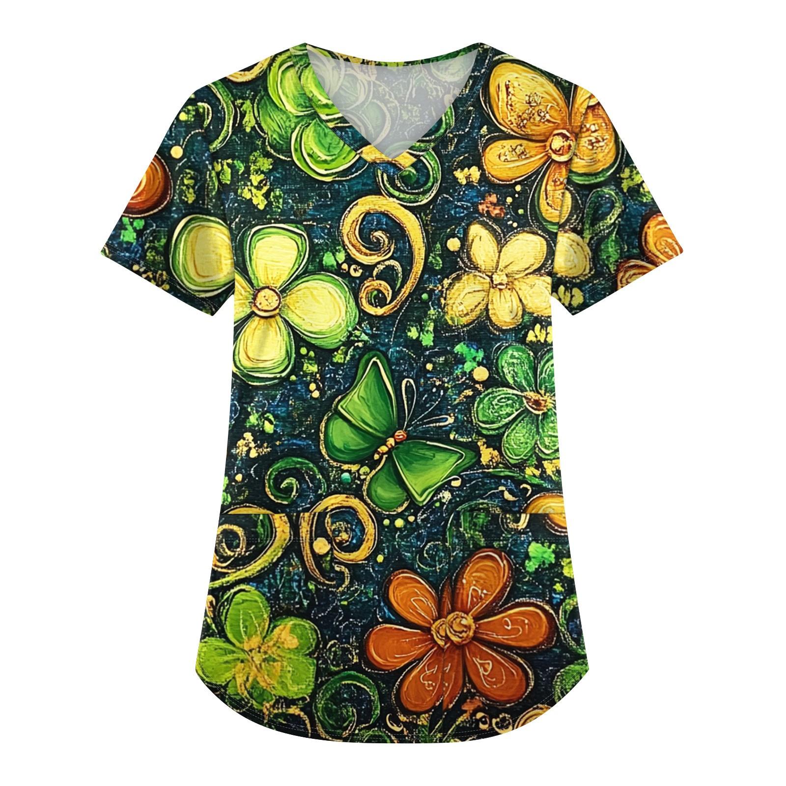 

Plus Size Printed Scrub Working Uniform Tops For Women s V-Neck St. Patrick s Day Print Short Sleeve Fun T-Shirts Workwear Tee With Pockets XXXXXL жовтий