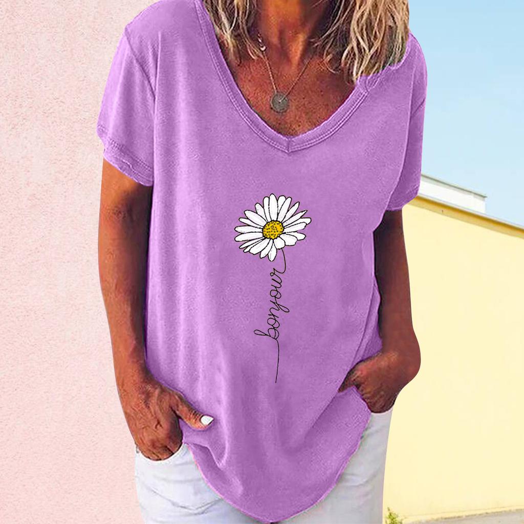Women V-neck Casual Short-sleeved Small Print Loose Pullover T-shirt Tops