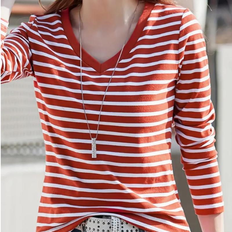 

Горизонтальные полосы принт женские футболки женские топы с длинным рукавом V-образный вырез пуловер женские футболки футболка для женщин 6XL