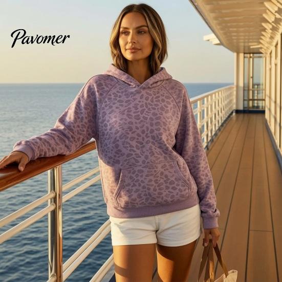 Sweatshirt with Front Pocket Women Leopard Print Hoodie, Oversized Drop Shoulder Hooded Pocket, Hoodie Long Sleeve Loose Casual Pullover Top