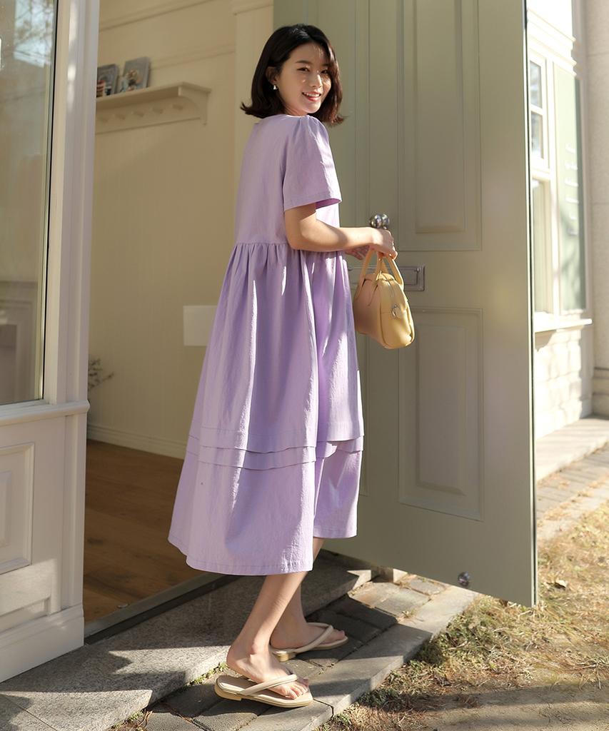 Ppaeppae V-Neck Fine Pleated Medium-Length Linen Dress