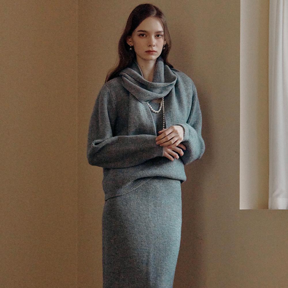MAXZA Pulsar V-Neck Knit Skirt & Scarf 3-Piece Set