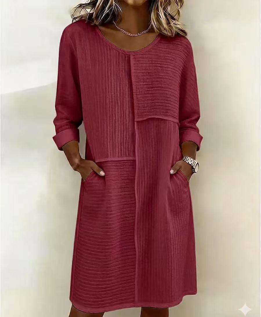 2026 European and American fashion casual solid color V-neck medium-sleeved women s dress S бордовый