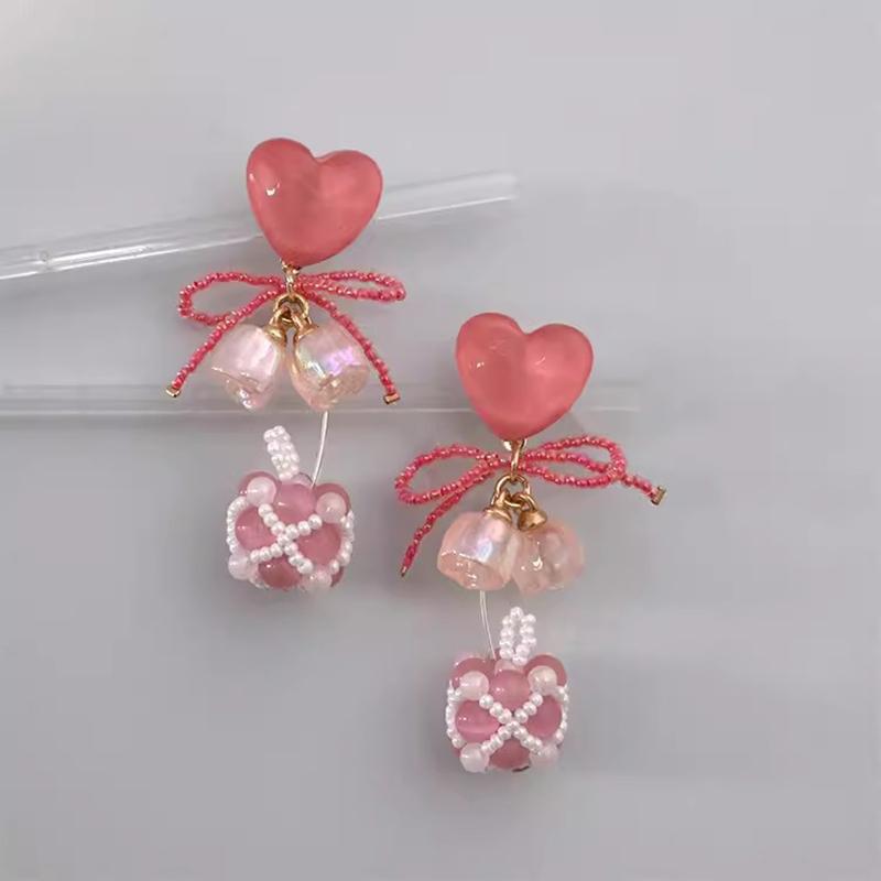 Sommer Pink Pfirsich Herz Kirsche Ohrringe Perlen Maiglöckchen Katzenaugen Perlenohrringe Süßes Temperament Ohrringe Eleganter Schmuck