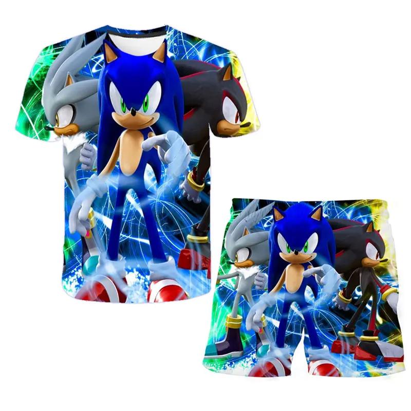 2025 MINISO New boys and girls super sonic Tshirts+shorts  Harajuku Sonic print suit T-shirt + shorts fashion street style children's short sleeves