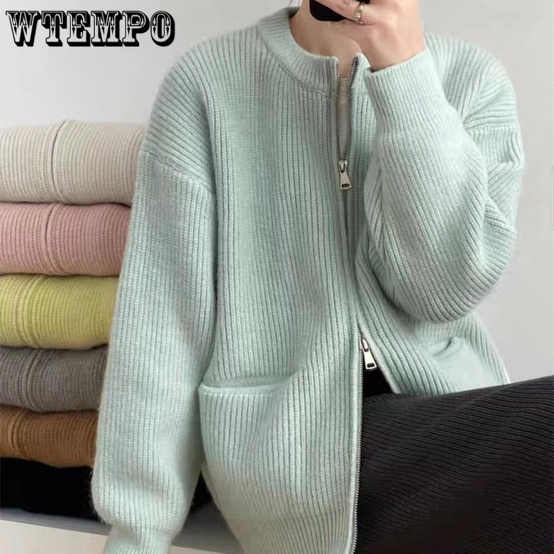 Double Zipper Sweater Cardigan for Women Solid Color Loose Spring and Autumn Knitted Jacket Top