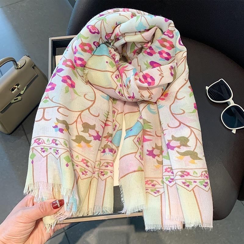 Silk Scarf Summer New Flower Scarf Women's Retro Square Scarf Air Conditioner Room Neck Protection Silk Scarf Sun Protection Cotton and Linen Shawl Y