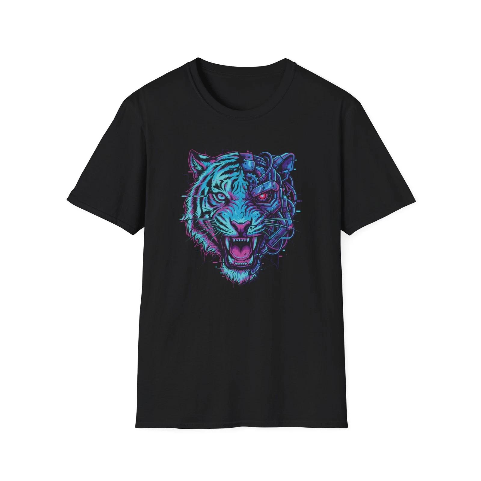 Neon Tiger Face T-Shirt | Glowing Retro Cyberpunk Cat 3XL