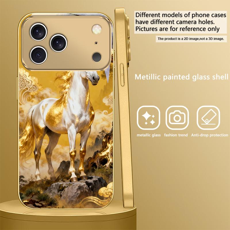 Tall and Sturdy Horse For IPhone 17Pro Max 16 17 Pro 15 Pro 14 13 Plus 12 Mini 11Pro Max XR 16E 17 Air Golden Glass Phone Case