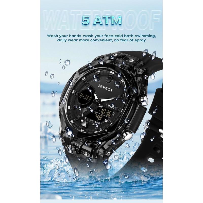 SANDA New Sports Men's Quartz Watches Luxury Military Waterproof Watch Dual Display LED Digital Men Wristwatch
