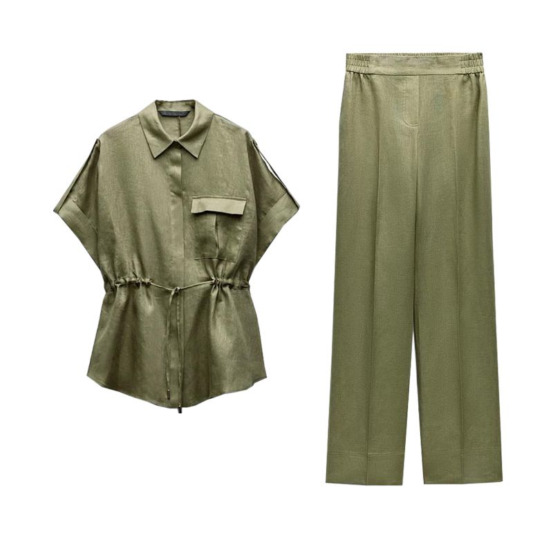 Spring Xinya Hemp Blend Adjustable Waist Shirts 3436707 3226707 Straight Pants 3454707