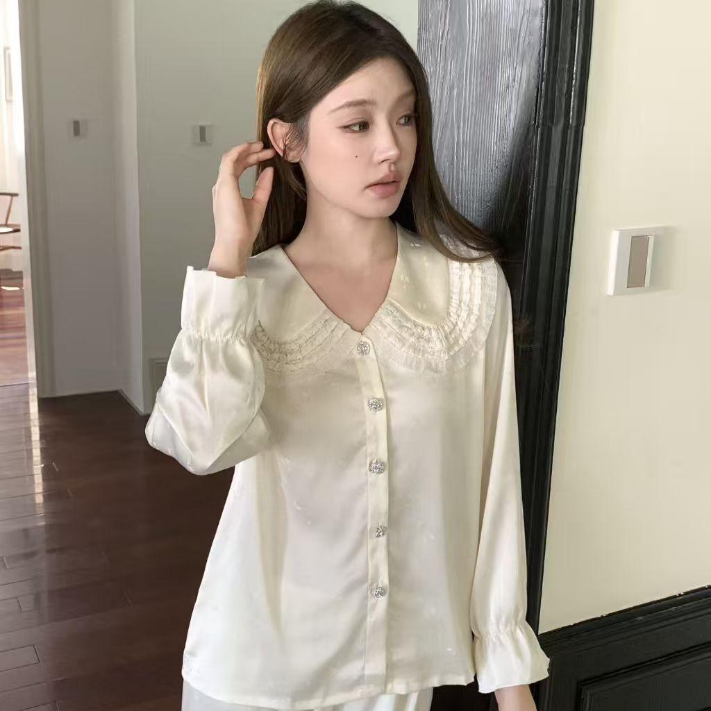 1011 new ice silk pajamas women's lapel Mori jacquard satin girl cute ice silk loungewear