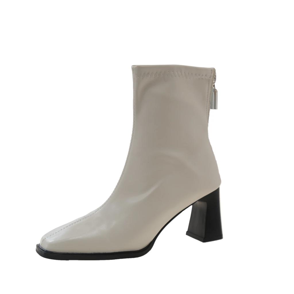 Fashion 2025 Autumn and Winter New High-end High-heeled Booties Women's Block Heel Square Toe White Skinny Boots